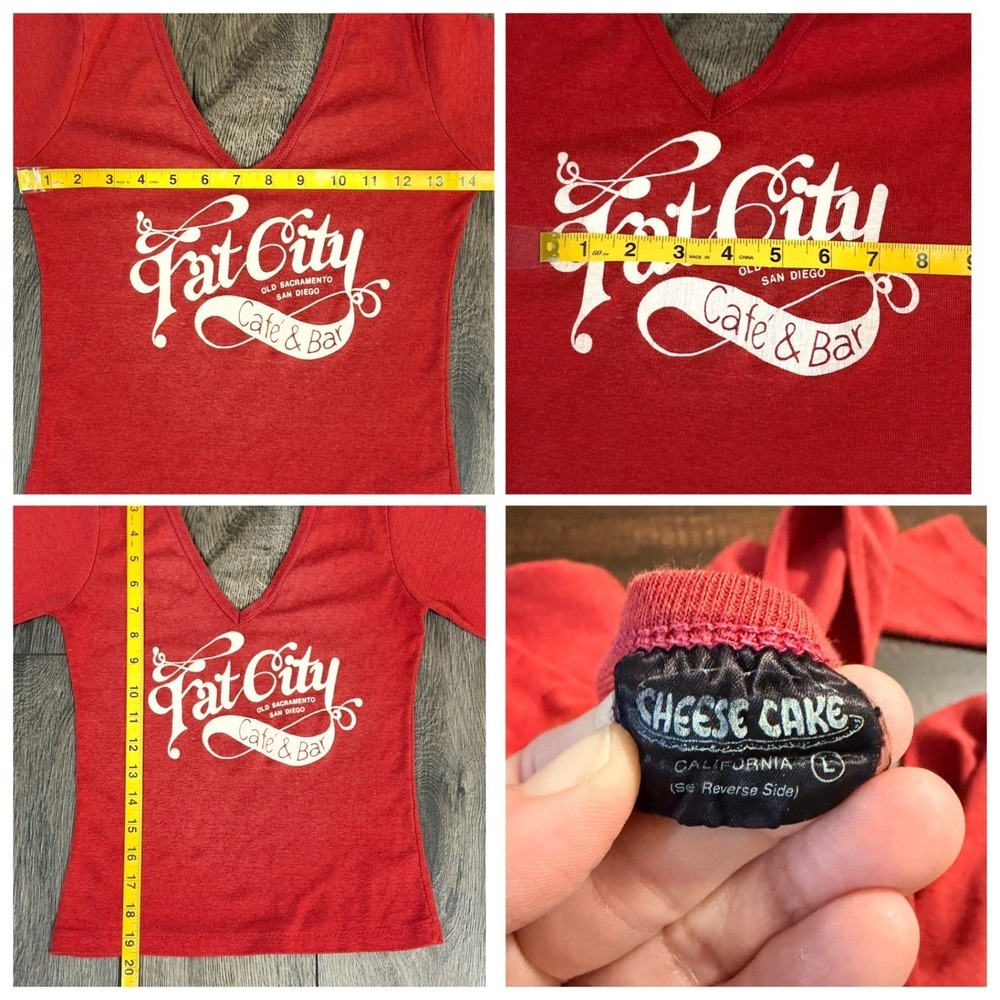 Cheese Cake Fat City Cafe & Bar Graphic V-Neck Top Red L Vintage Festival Boho - Picture 8 of 13